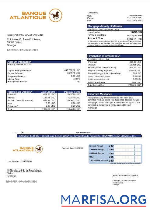 Realistic Senegal Banque Atlantique mortgage statement in Word and PDF formats real example